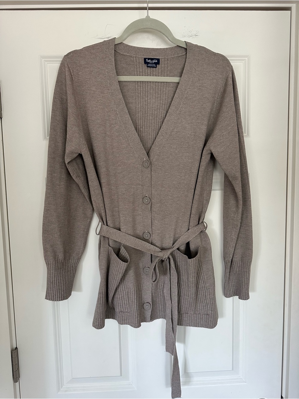 Splendid Taupe Belted V-Neck Cardigan Sweater